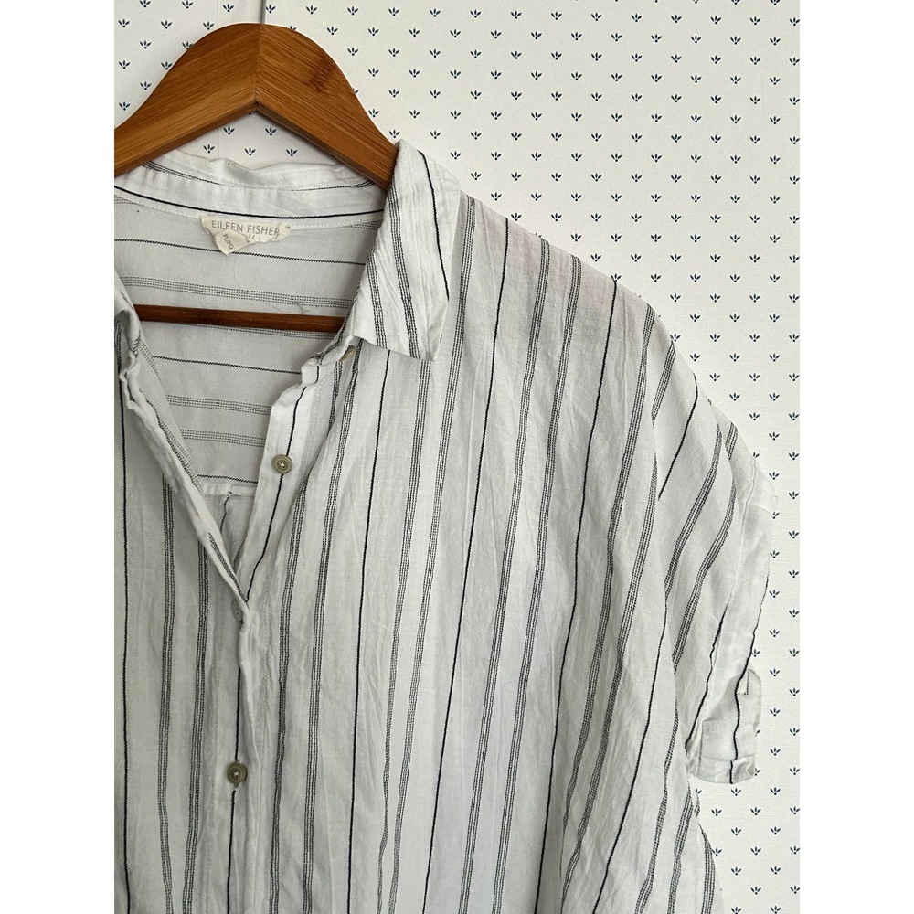 Eileen Fisher Organic Cotton Tencel Striped Boxy Shirt L PL Petite Lagenlook - Picture 6 of 6